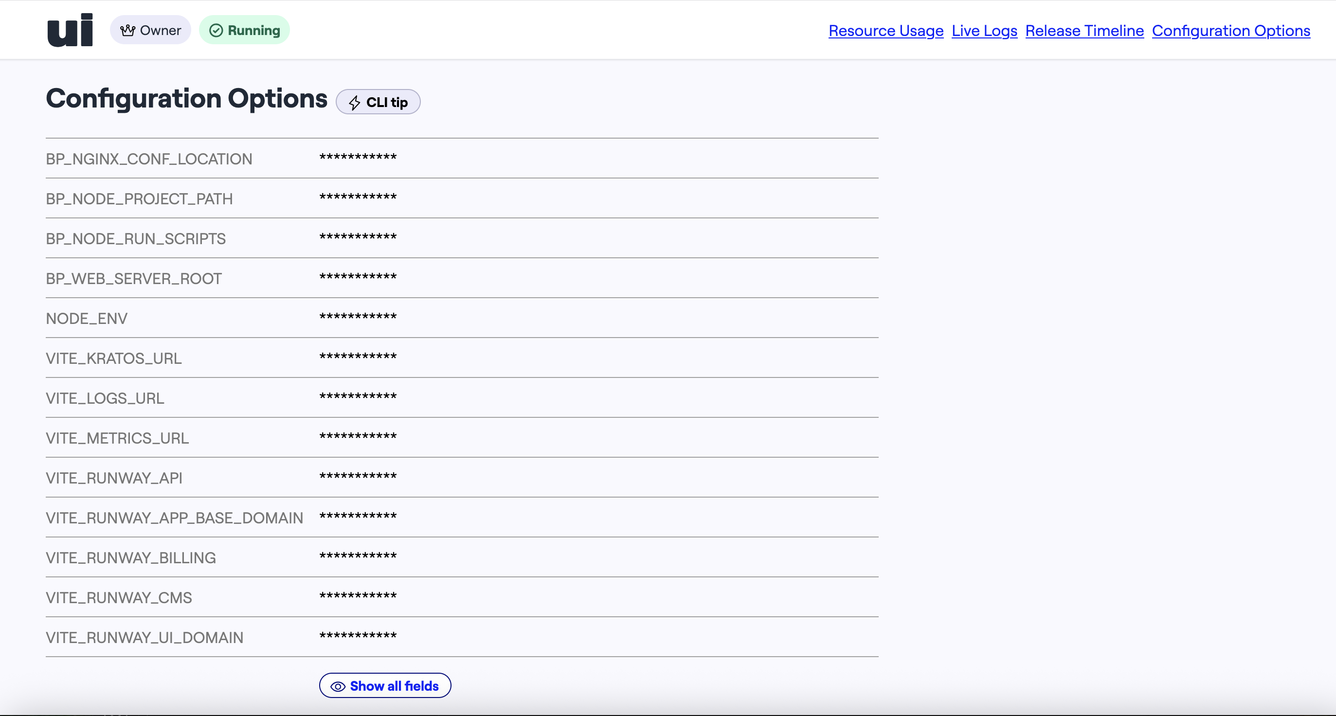 Runway UI: Configuration Table
